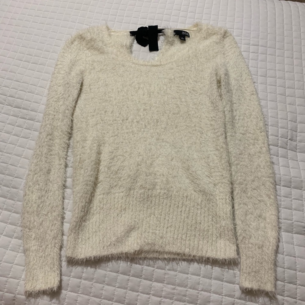 A.N.A Women’s Ivory cozy Fuzzy Sweater with Black Bow
